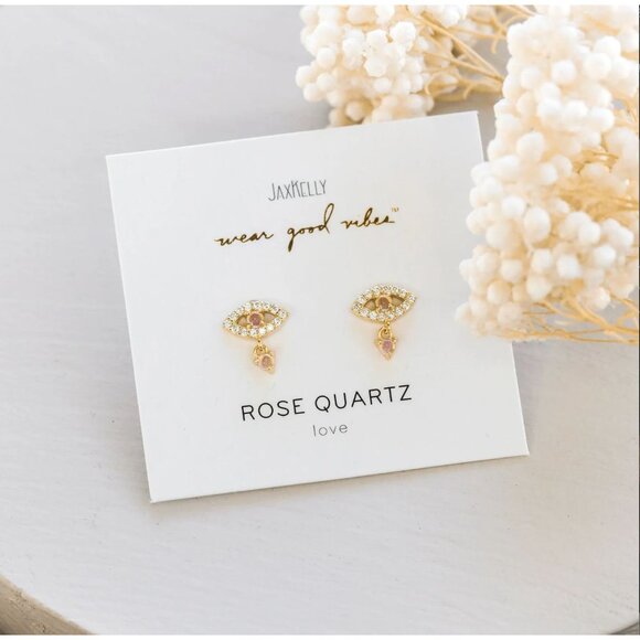 NEW Jax Kelly Rose Quartz Evil Eye Drop Earrings Love Gemstone Hypoallergenic - Picture 2 of 8